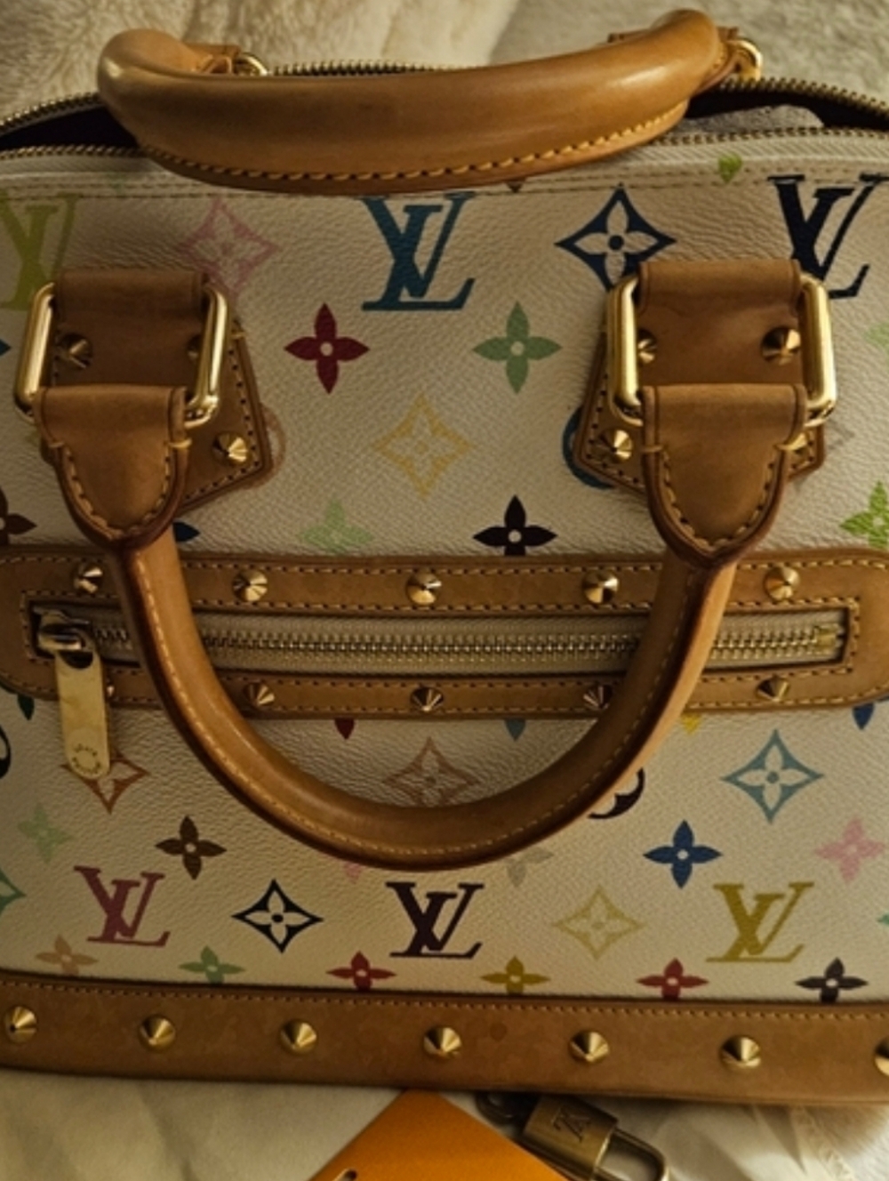 Authentic Louis Vuitton White Multicolor Monogram Alma PM Satchel W/Lock & Key - Picture 3 of 14